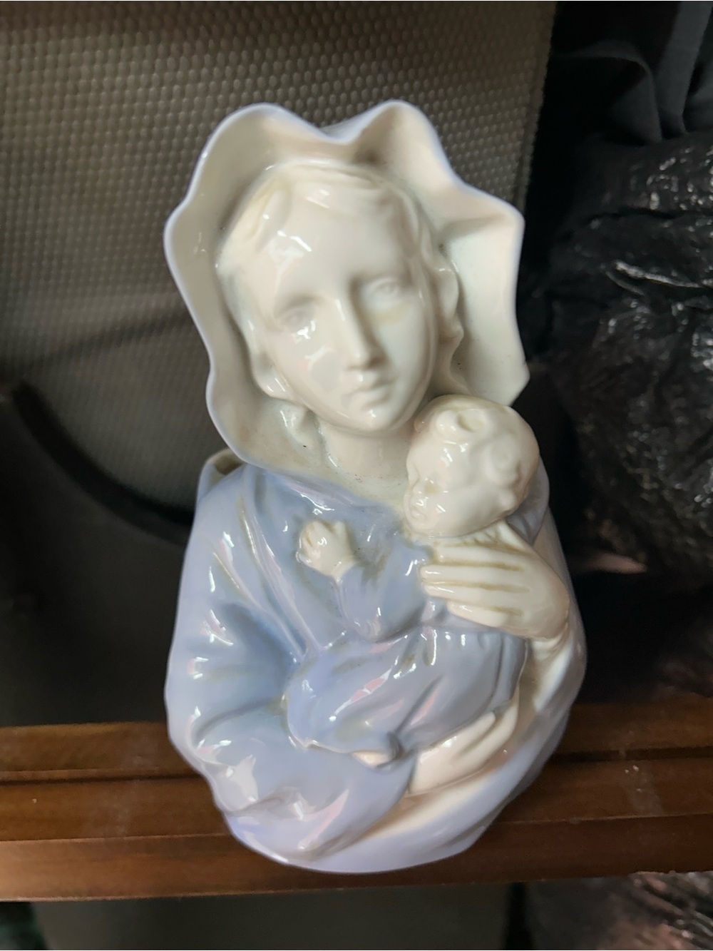 Porcelain Madonna and Child Figurine in Cream & Light Blue 6” tall, marked
